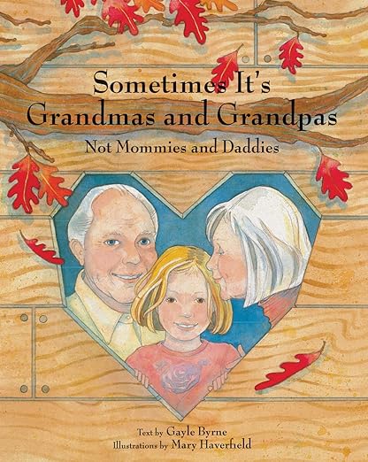 Book cover showing a girl with her grandparents inside a heart, with red leaves around and wood panel background.