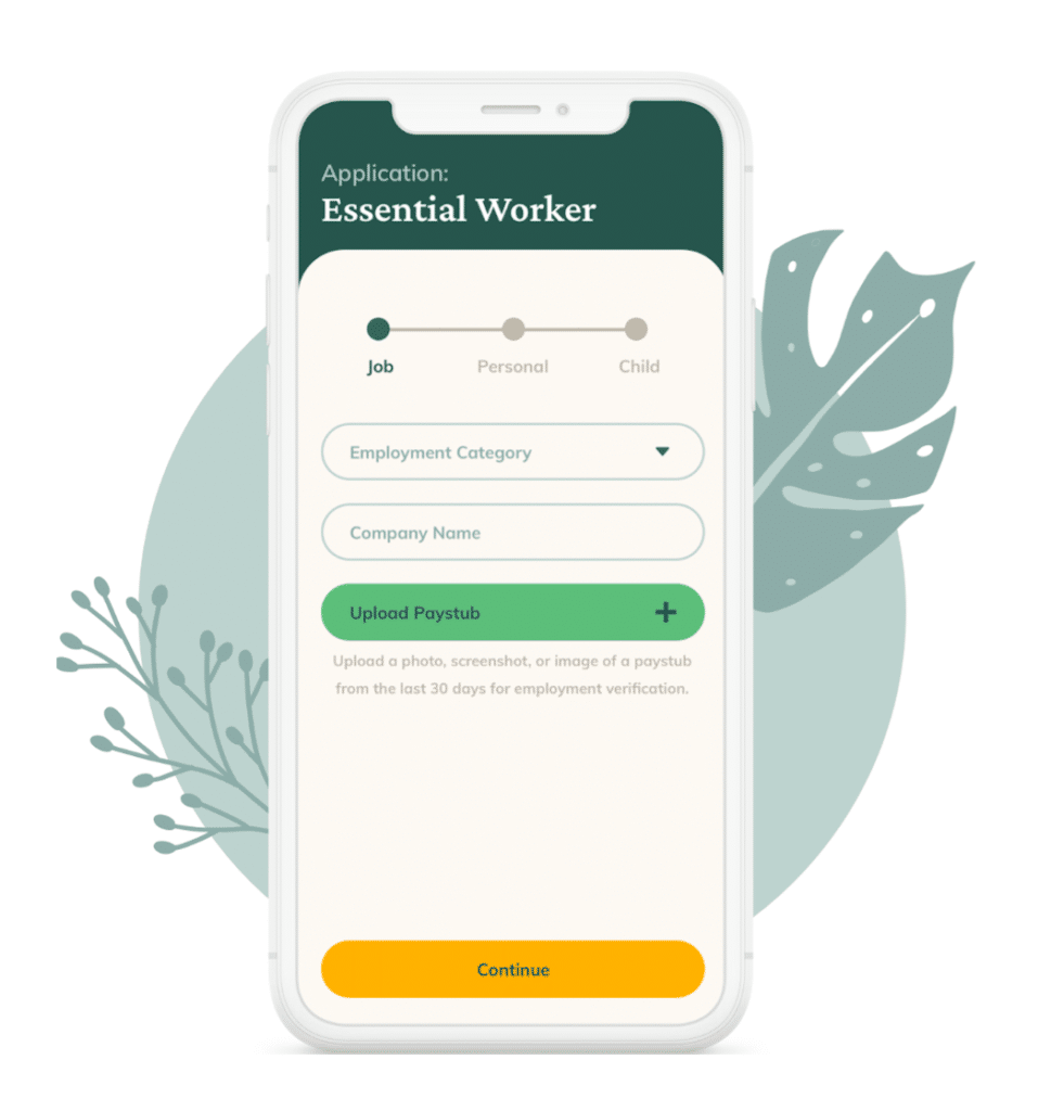 A graphic mocking up the kith.care site on a mobile phone. The phone is on top of a circle with plant imagery. The screen shows an ongoing application for an essential worker uploading their paystub.