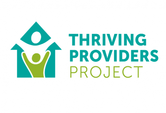 Logo with two stylized human figures in a house shape next to the text "Thriving Providers Project.